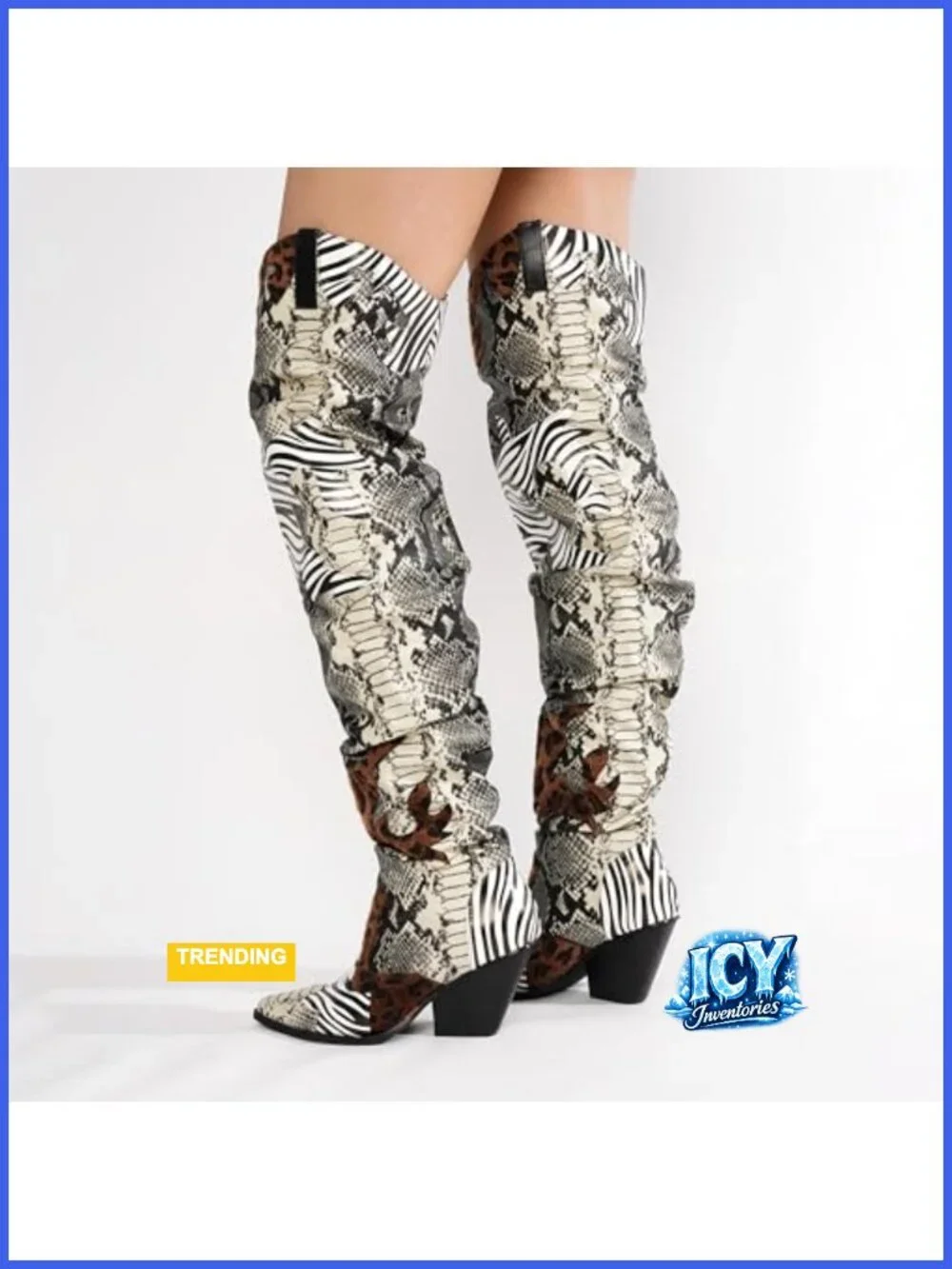 Faux Snakeskin Thigh High Cowboy Boots Chunky Heel Western Booties Block Heel